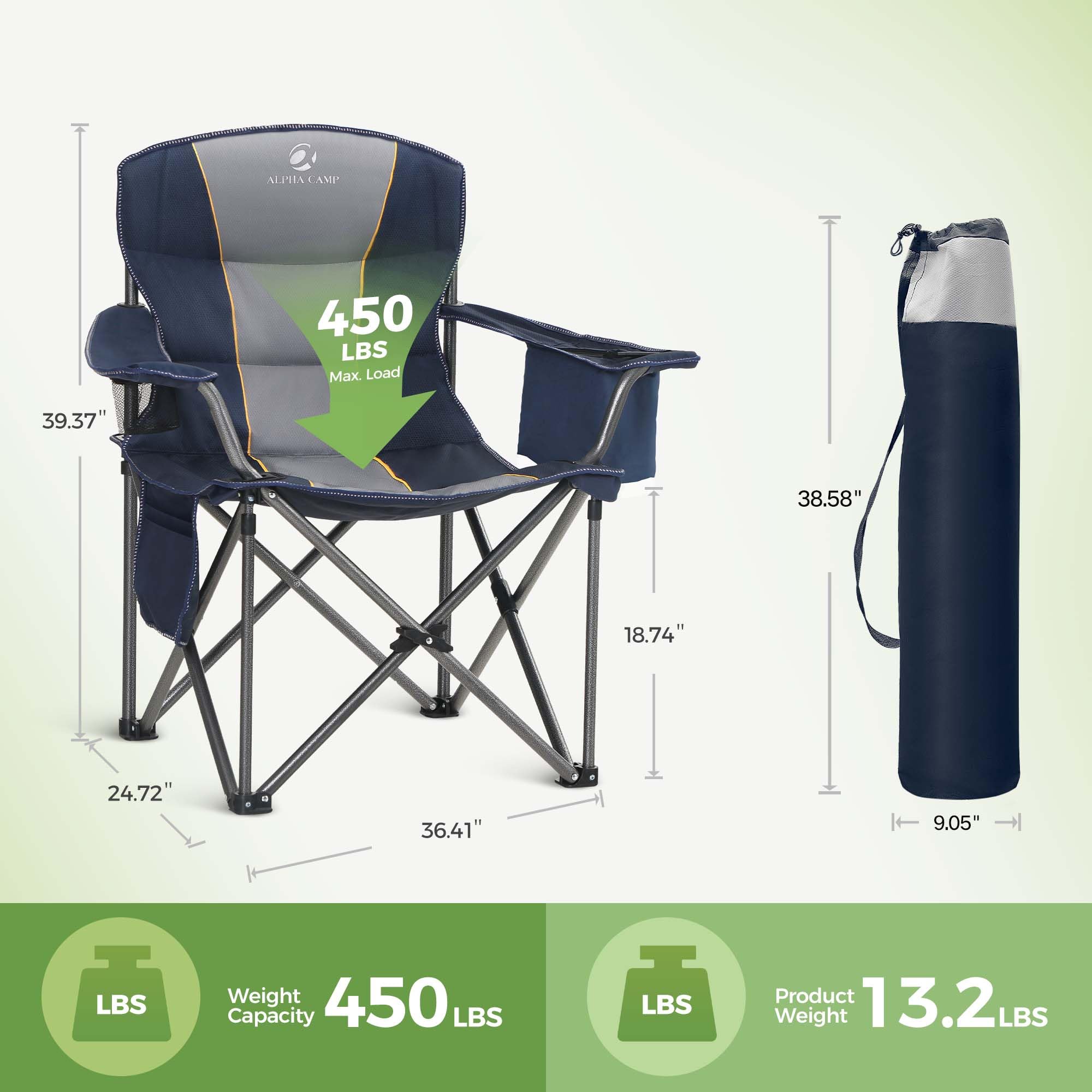 Let’s Camp folding chair supports up to 450lbs for sturdy, reliable seating.