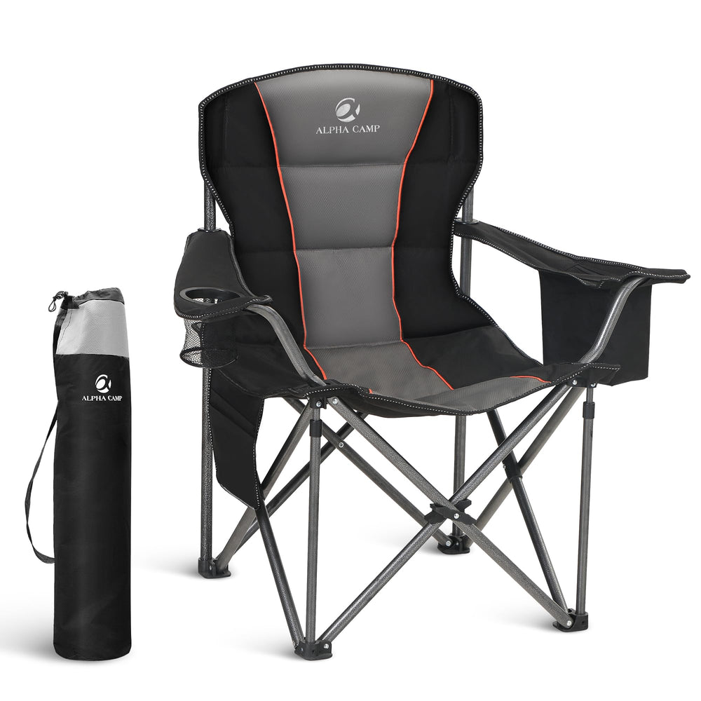 LET'S CAMP folding chair front view with oversized padded backrest for camping comfort