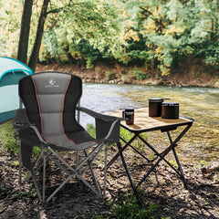 LET'S CAMP padded back close-up emphasizes ergonomic support for long sessions.