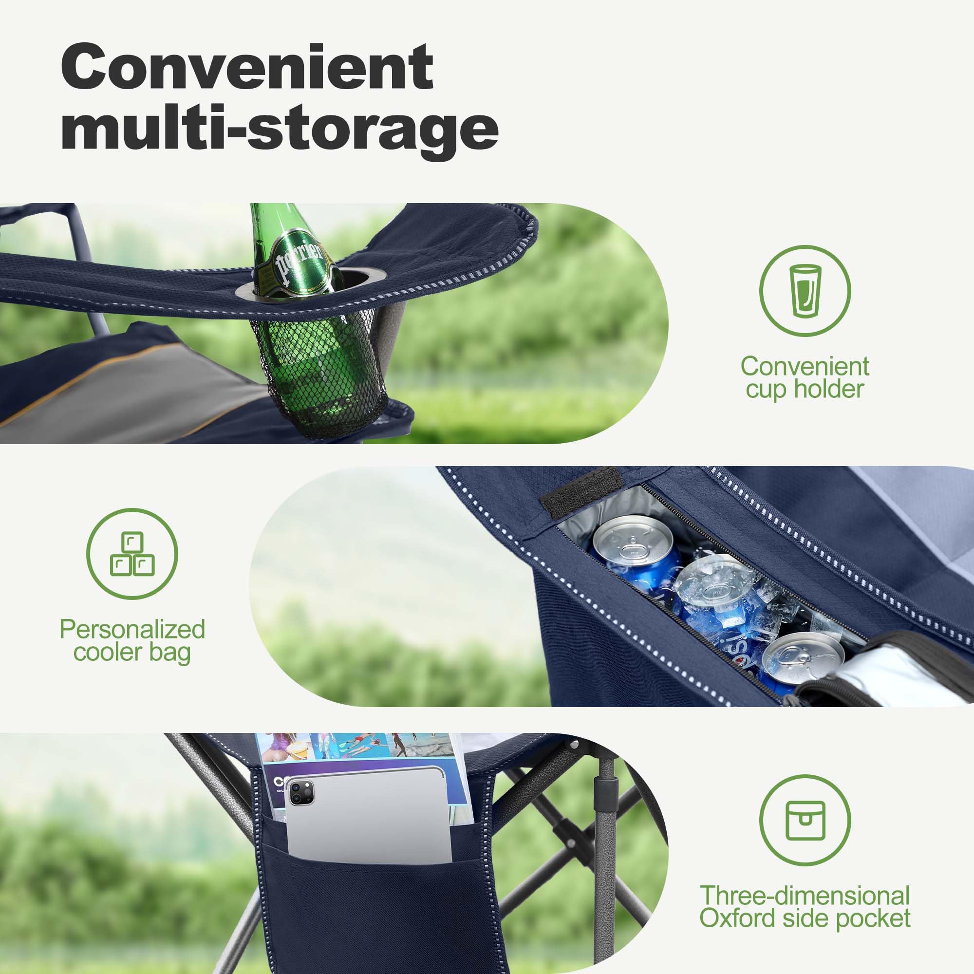 Let’s Camp folding chair side pocket and cooler bag keep essentials within reach.