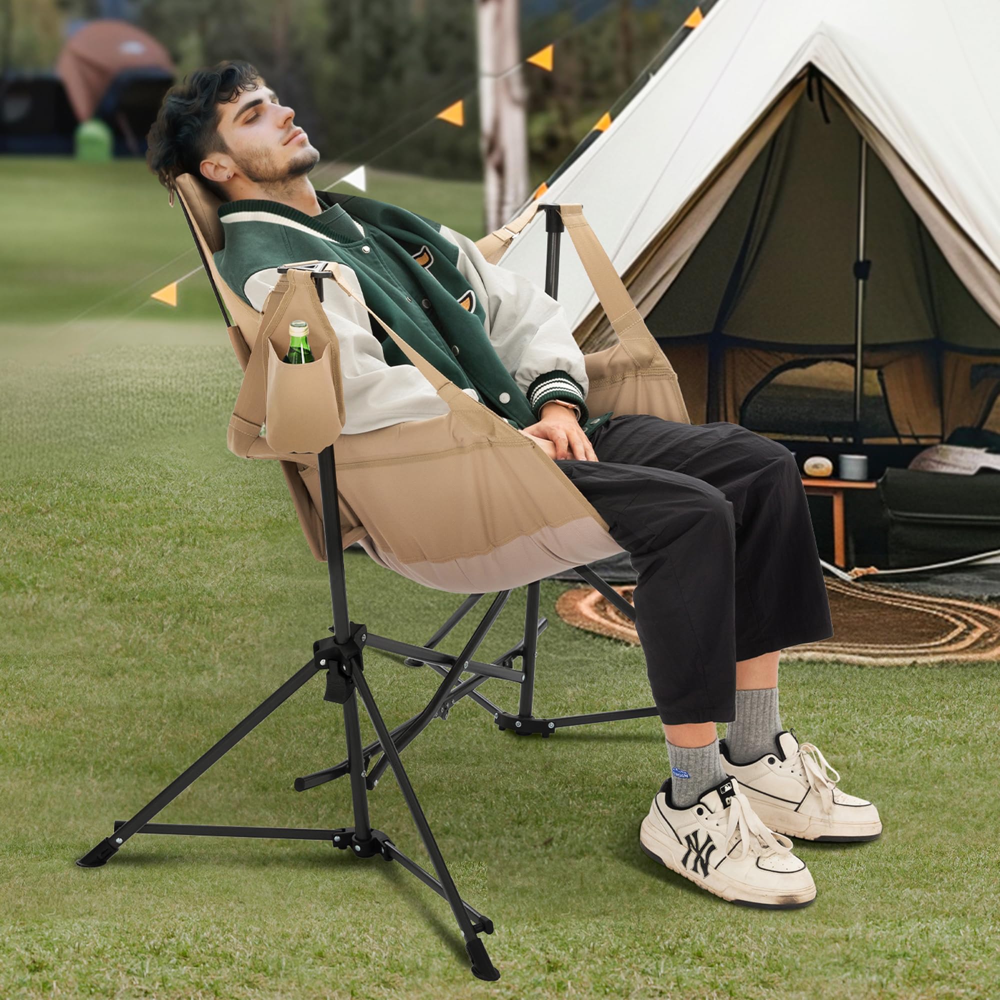 LET'S CAMP hammock chair khaki color blends with outdoor environments