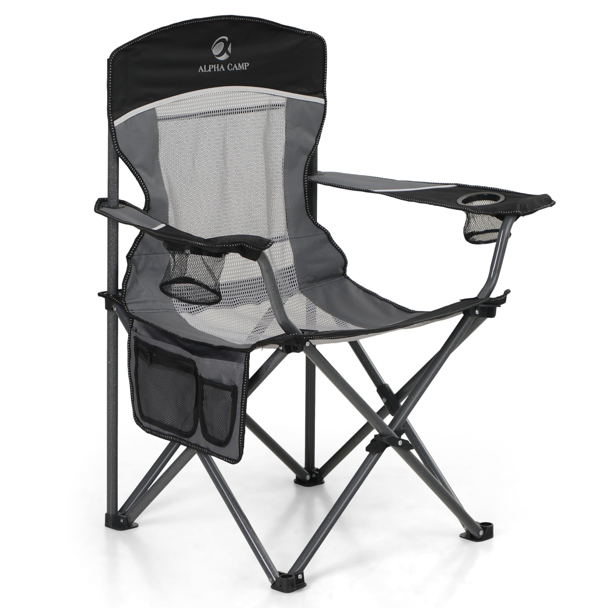 LET'S CAMP mesh-back chair folded for easy transport and storage.