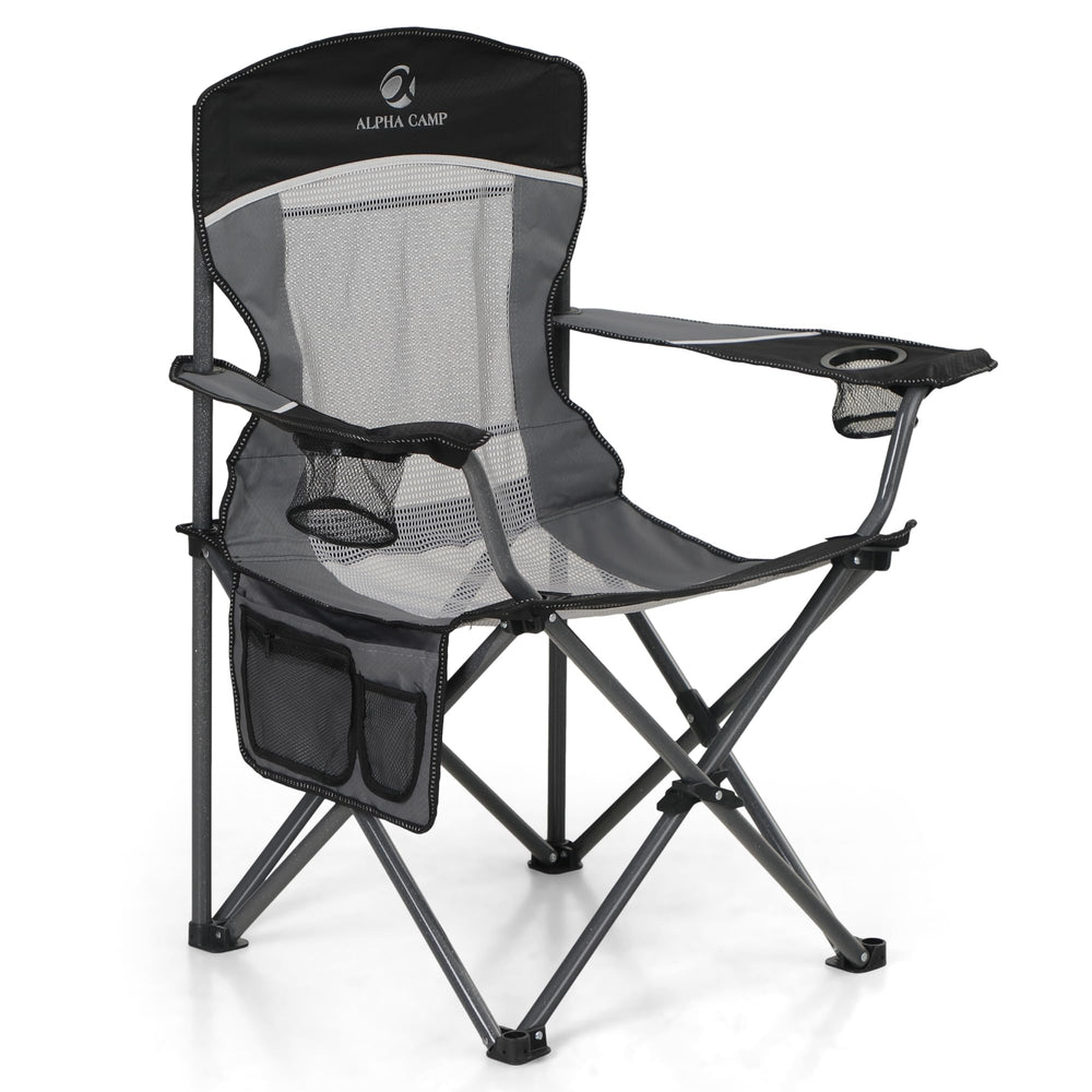 LET'S CAMP mesh-back chair folded for easy transport and storage.