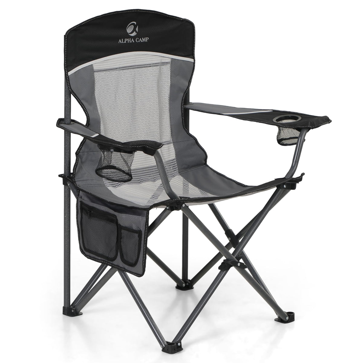LET'S CAMP mesh-back chair folded for easy transport and storage.