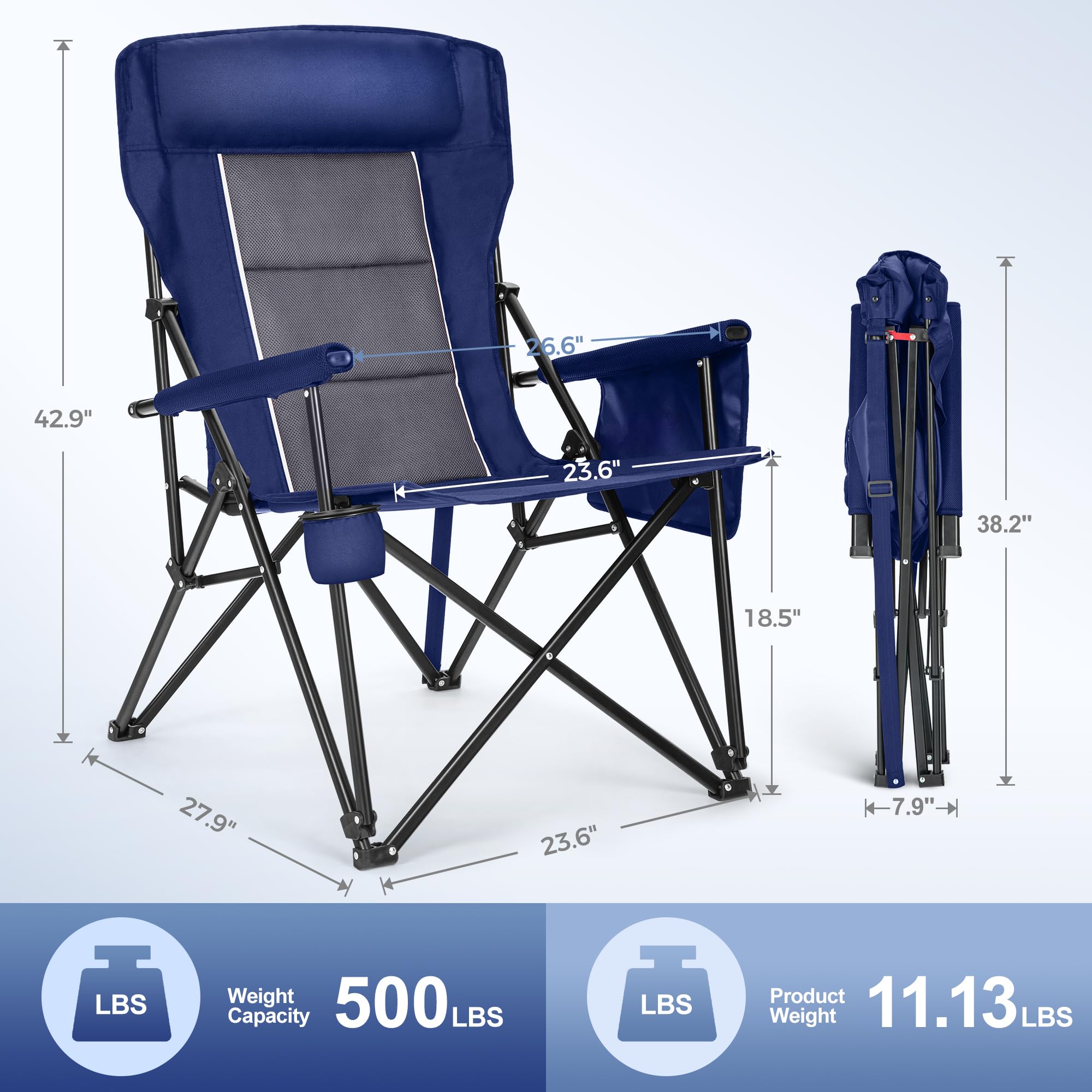 LET'S CAMP Oversized Chair headrest blue provides soft comfort for relaxed lounging