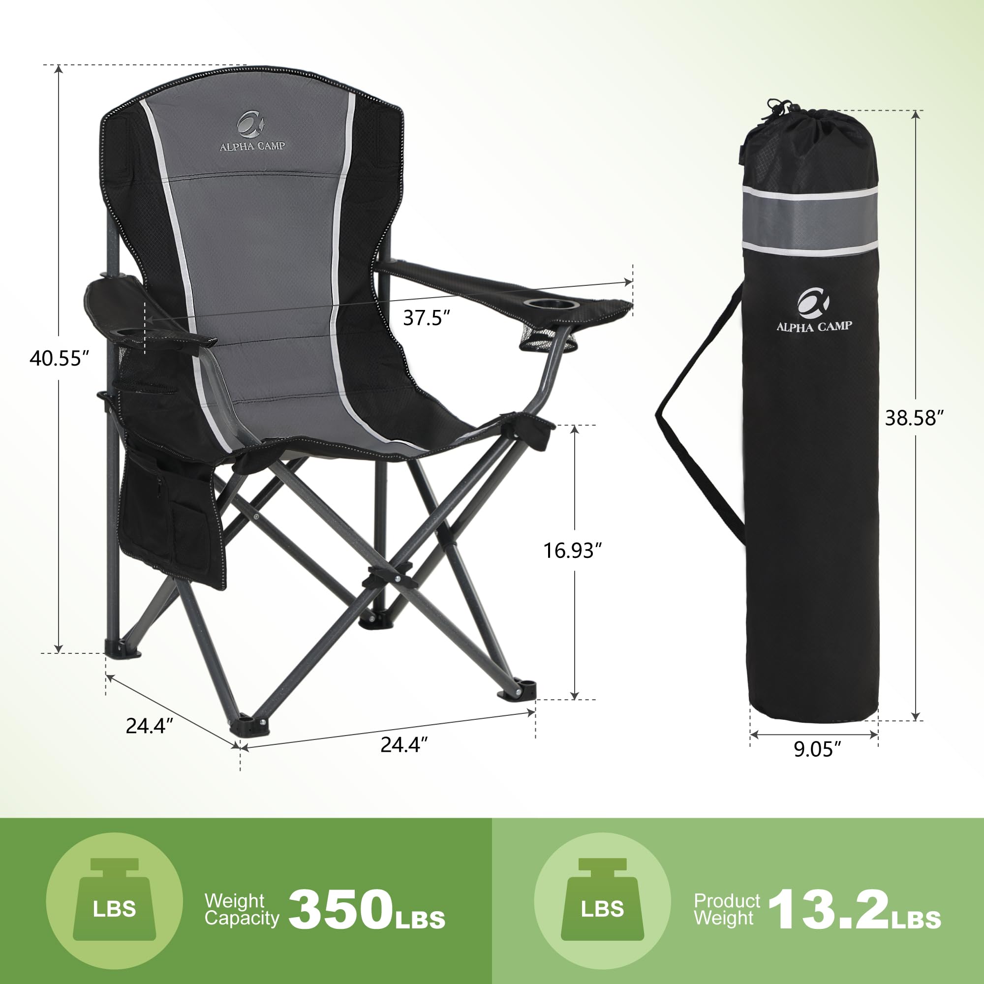 LET'S CAMP oversized chair open dimensions showing spacious seating