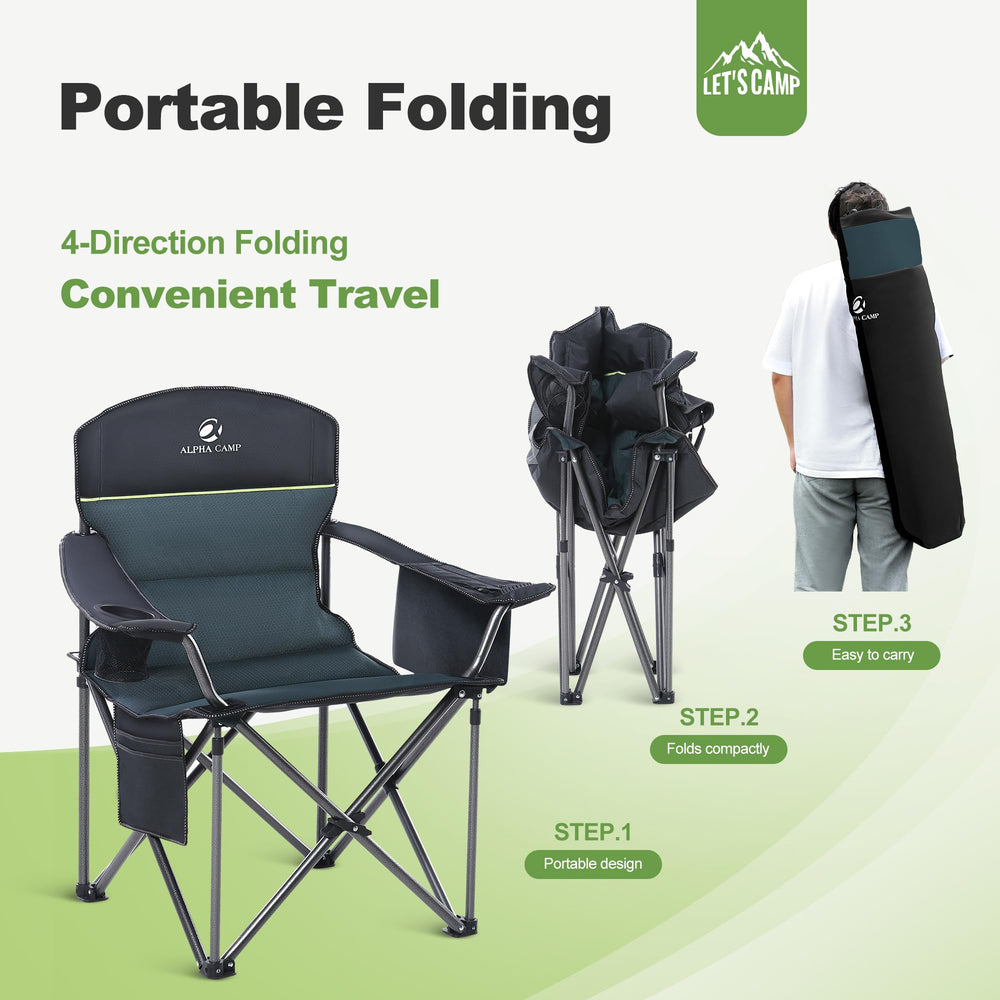 LET'S CAMP oversized folding camping chair green cooler-friendly design keeps drinks nearby during outdoor activities