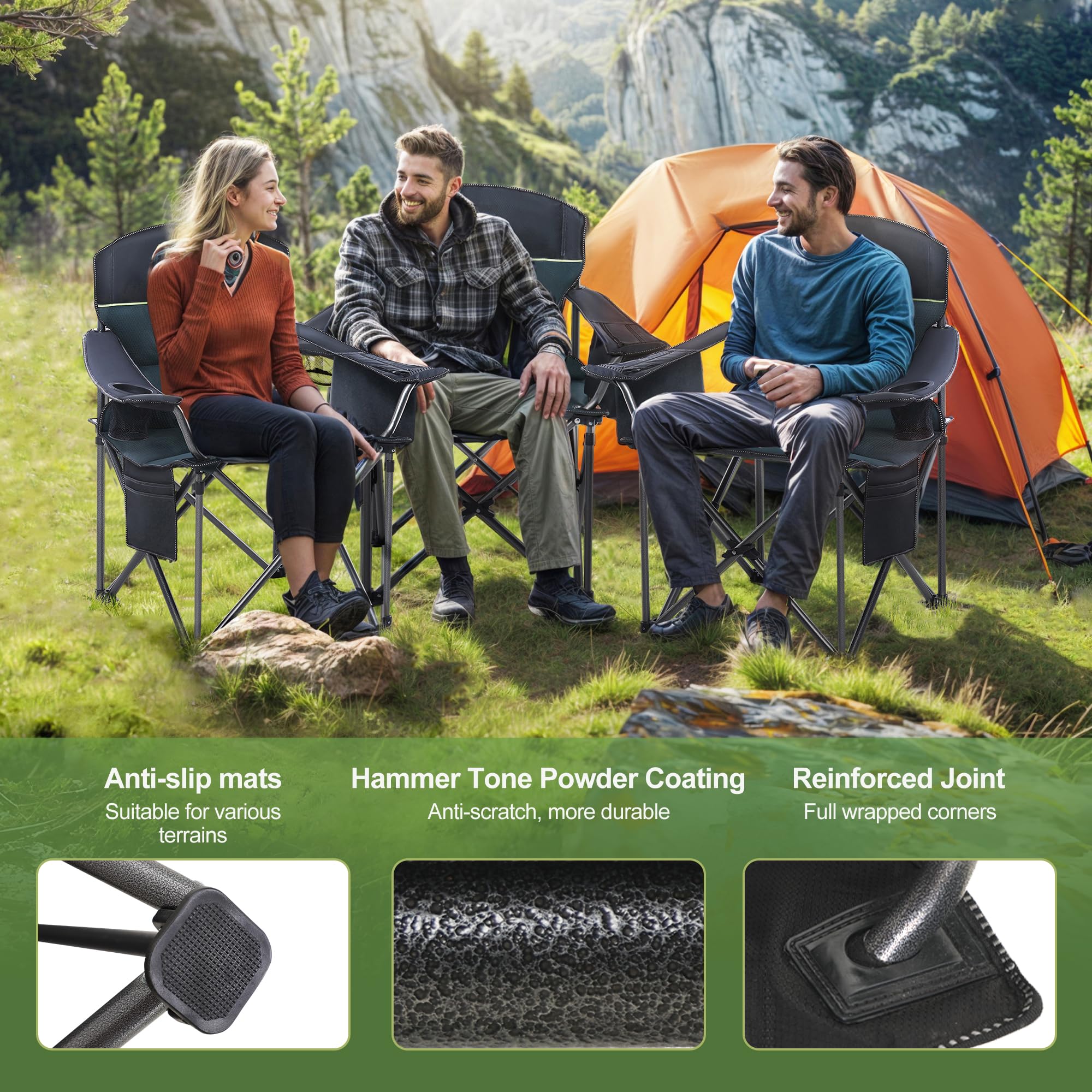 LET'S CAMP oversized folding camping chair green heavy-duty frame supports up to 450 lbs