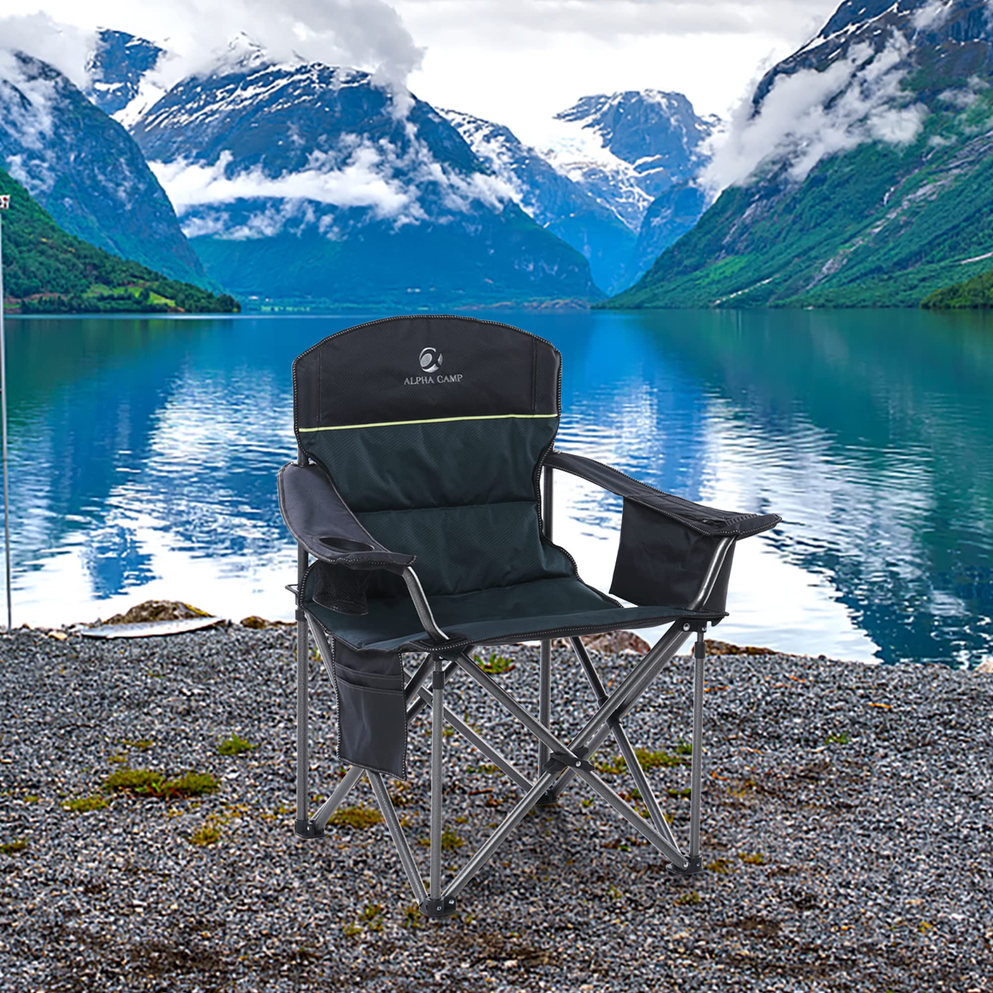 LET'S CAMP oversized folding camping chair green side view shows durable frame for reliable outdoor use