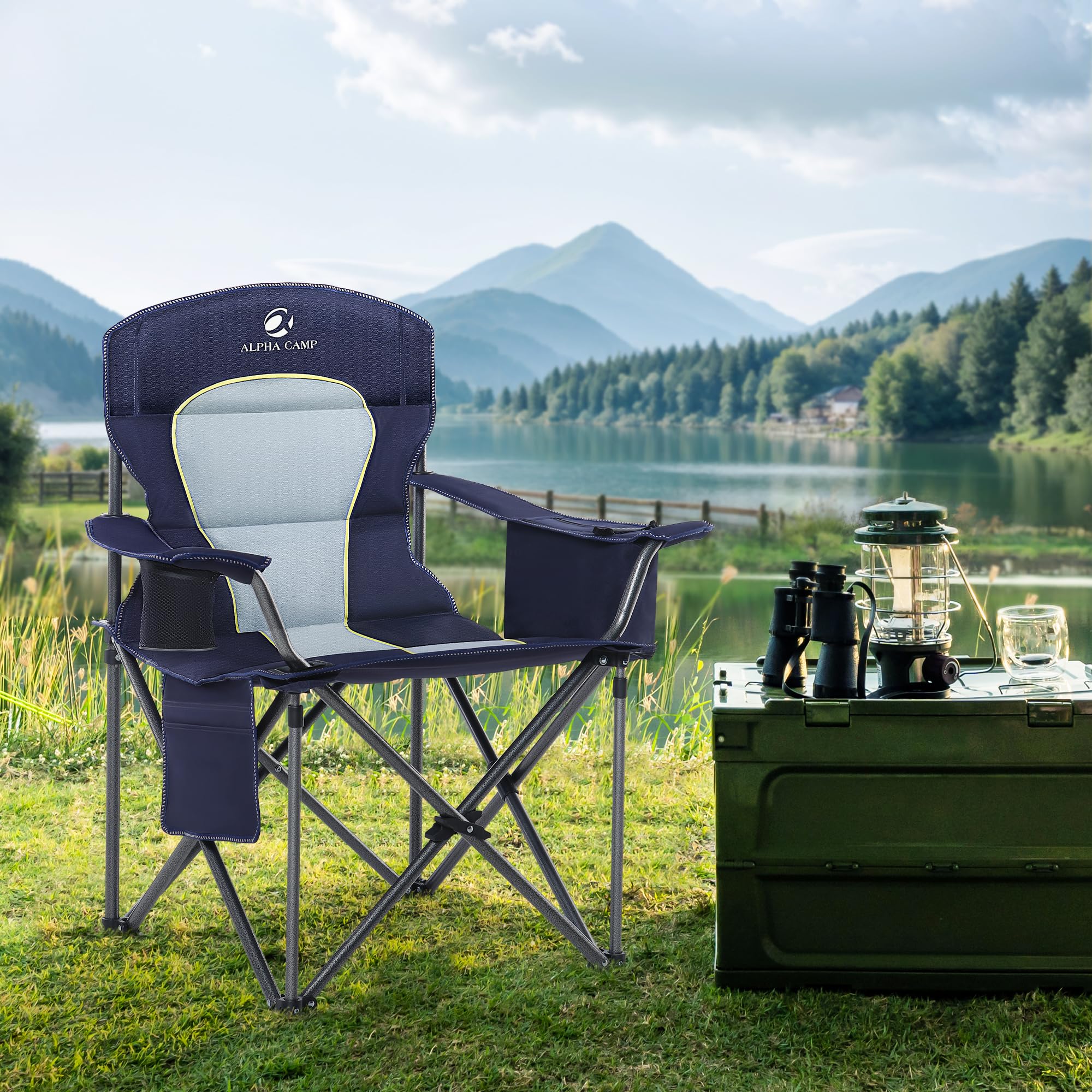 LET'S CAMP oversized blue chair with padded back for comfortable outdoor seating