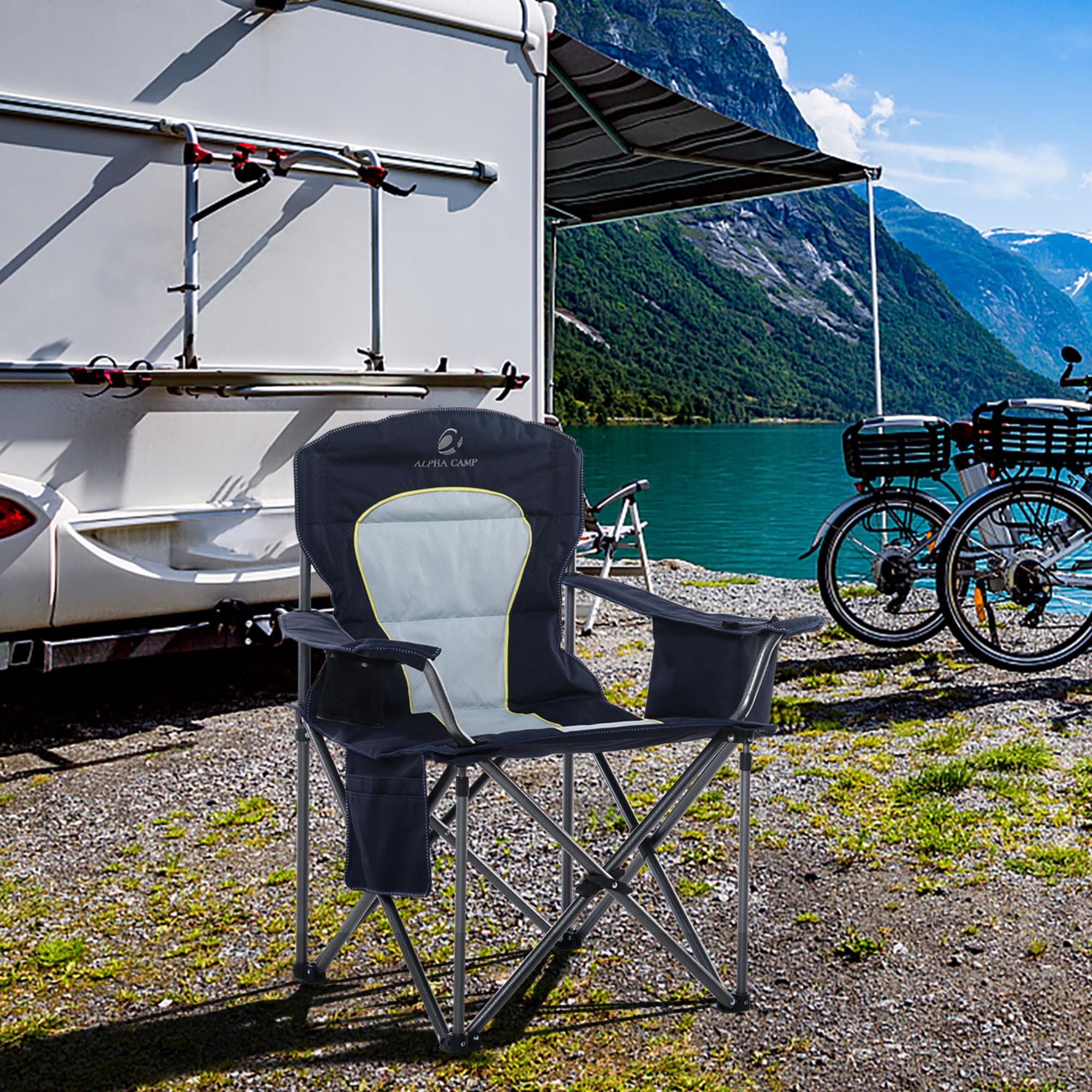LET'S CAMP oversized folding chair frame detail shows sturdy powder-coated steel for reliable stability.