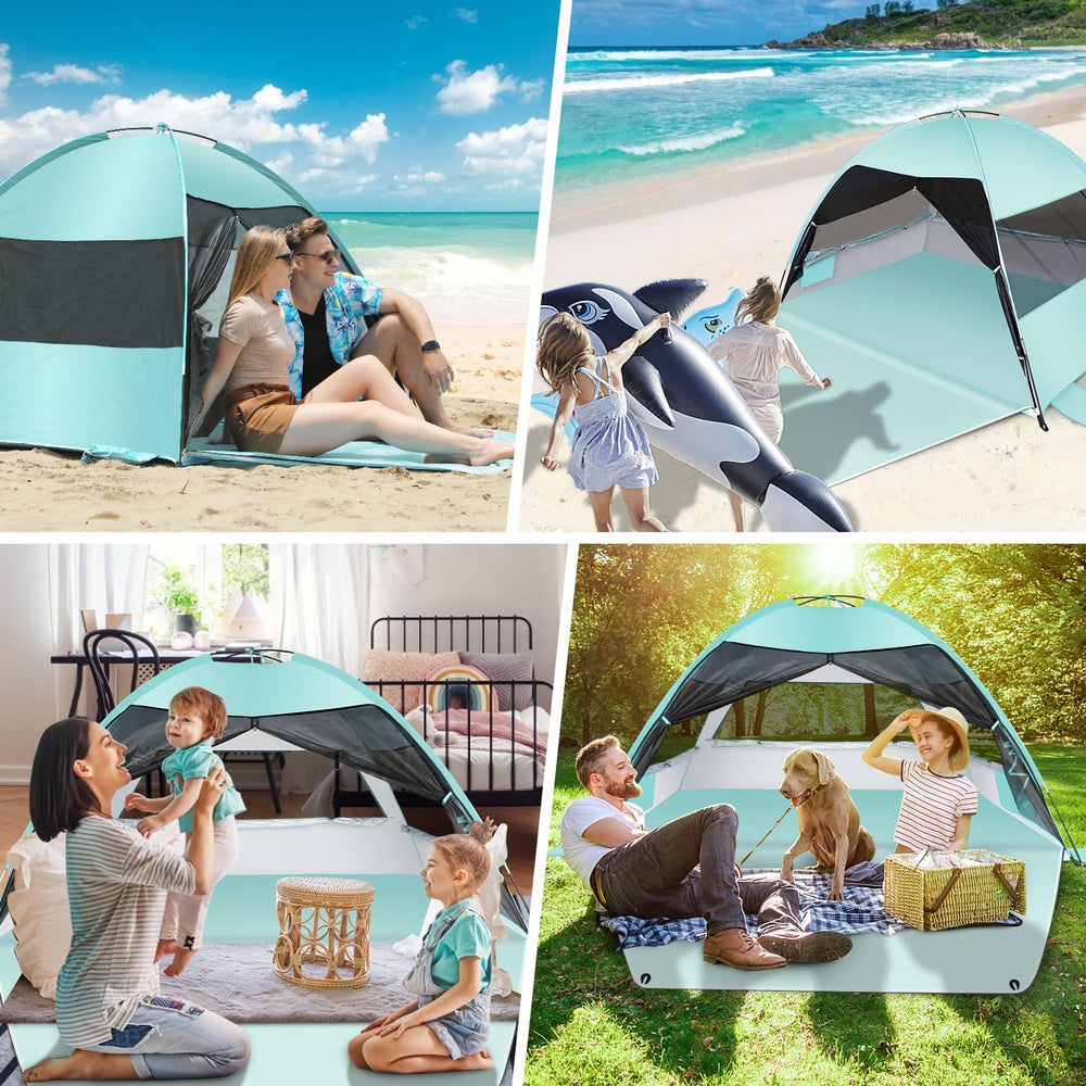 LetsFunny folded bag keeps the mint-green tent compact for quick car-to-beach trips