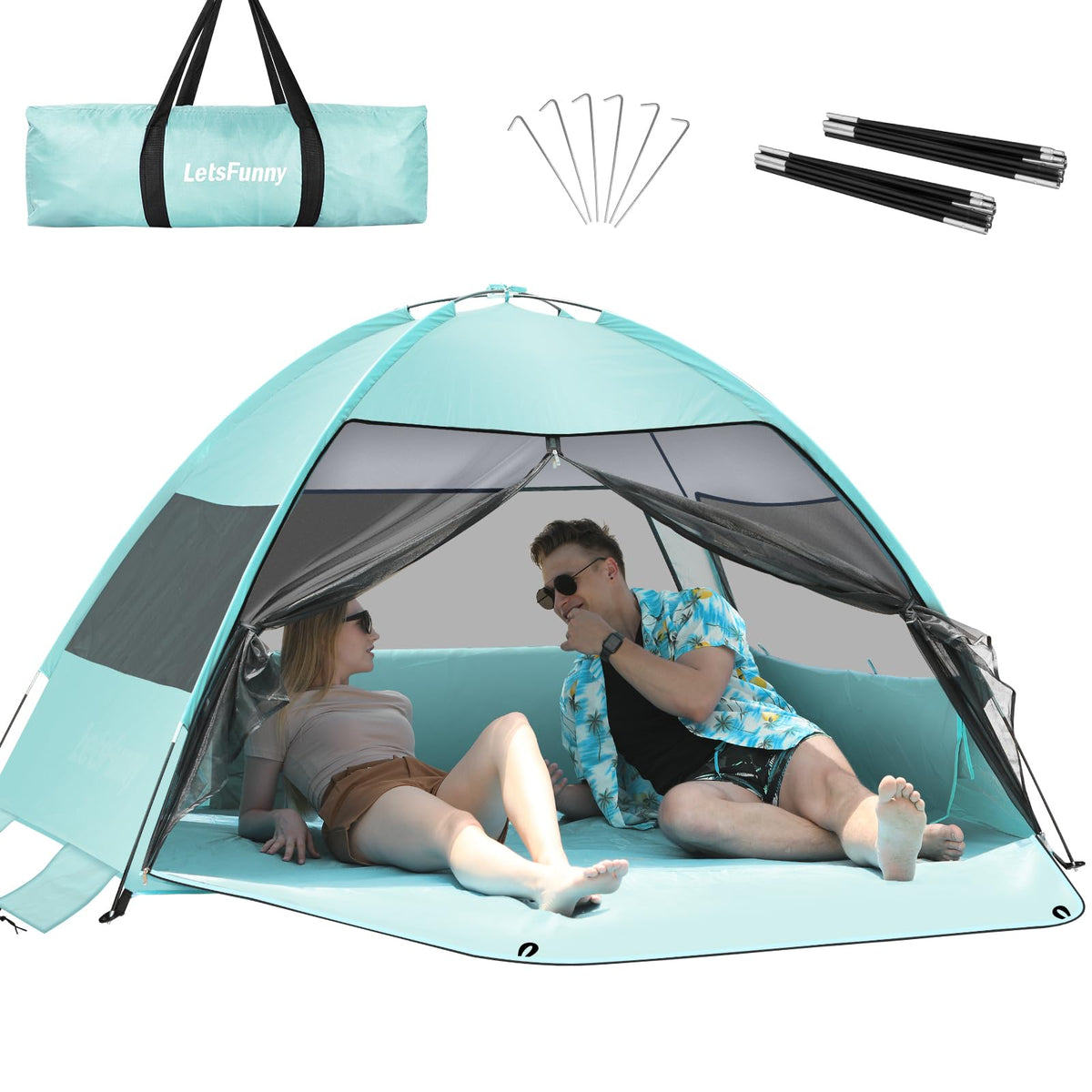 LetsFunny beach tent mint-green front view showing shaded space for family beach day