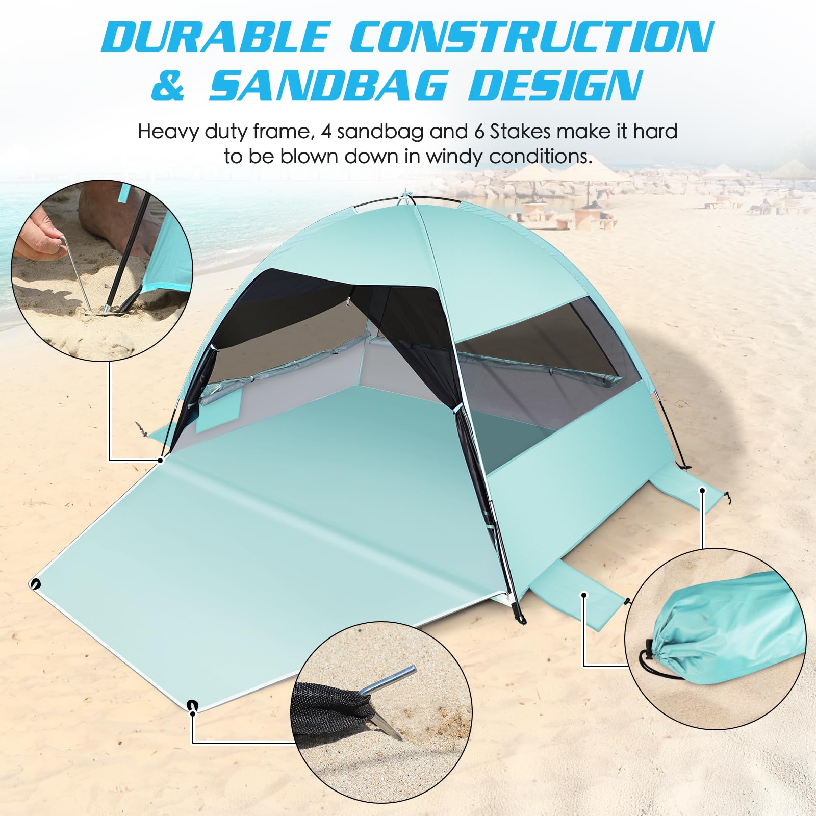 LetsFunny mint-green beach tent pockets hold sunscreen and keys within reach