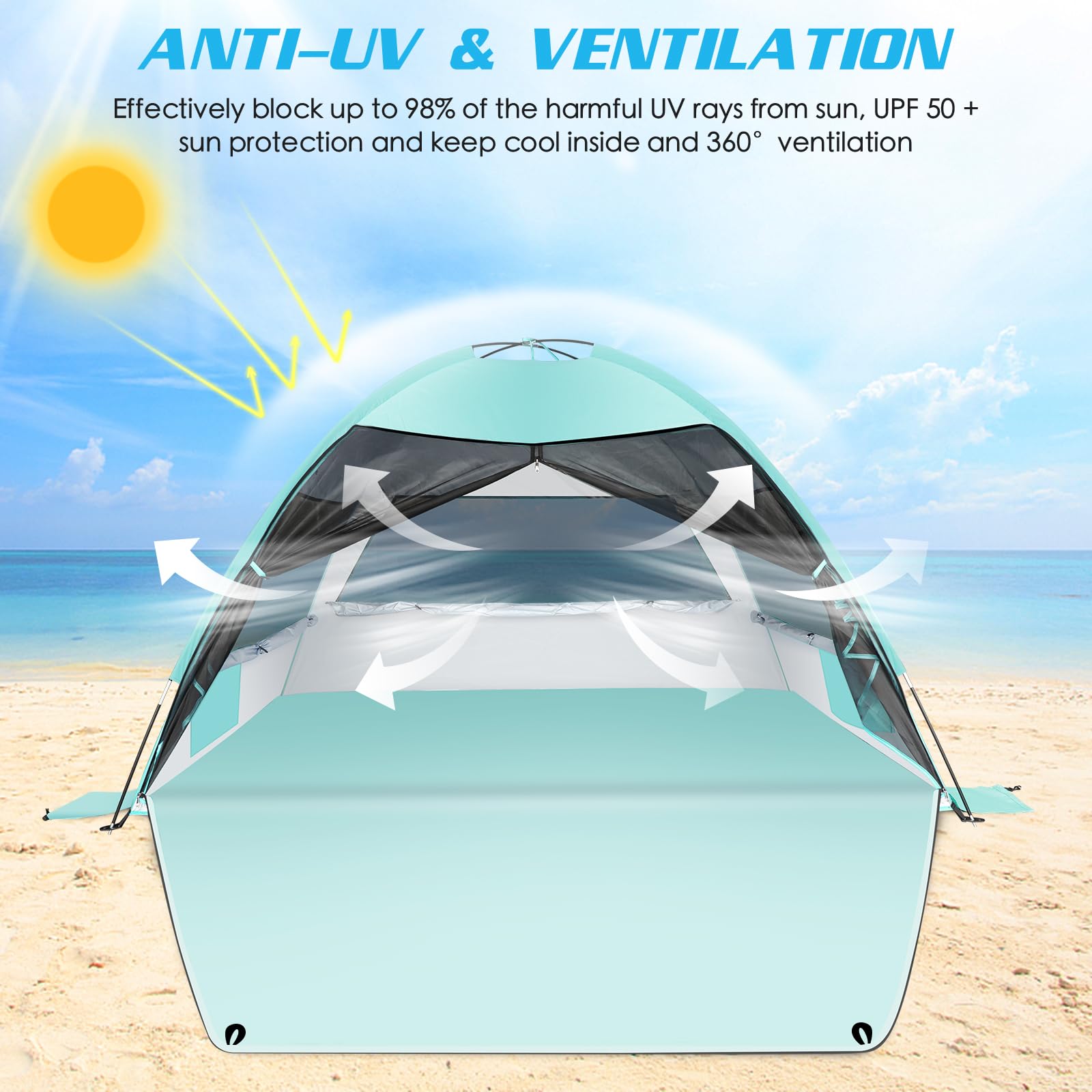 LetsFunny mint-green beach tent roll-up windows for cool airflow on breezy afternoons