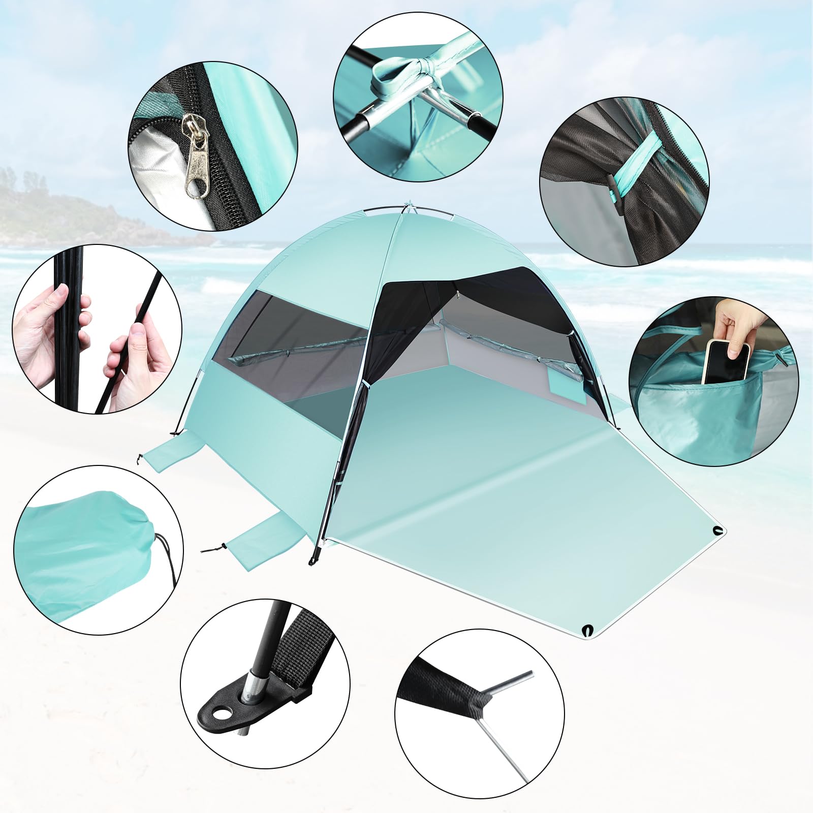 LetsFunny mint-green stakes and sandbags stabilize the shade shelter on windy days