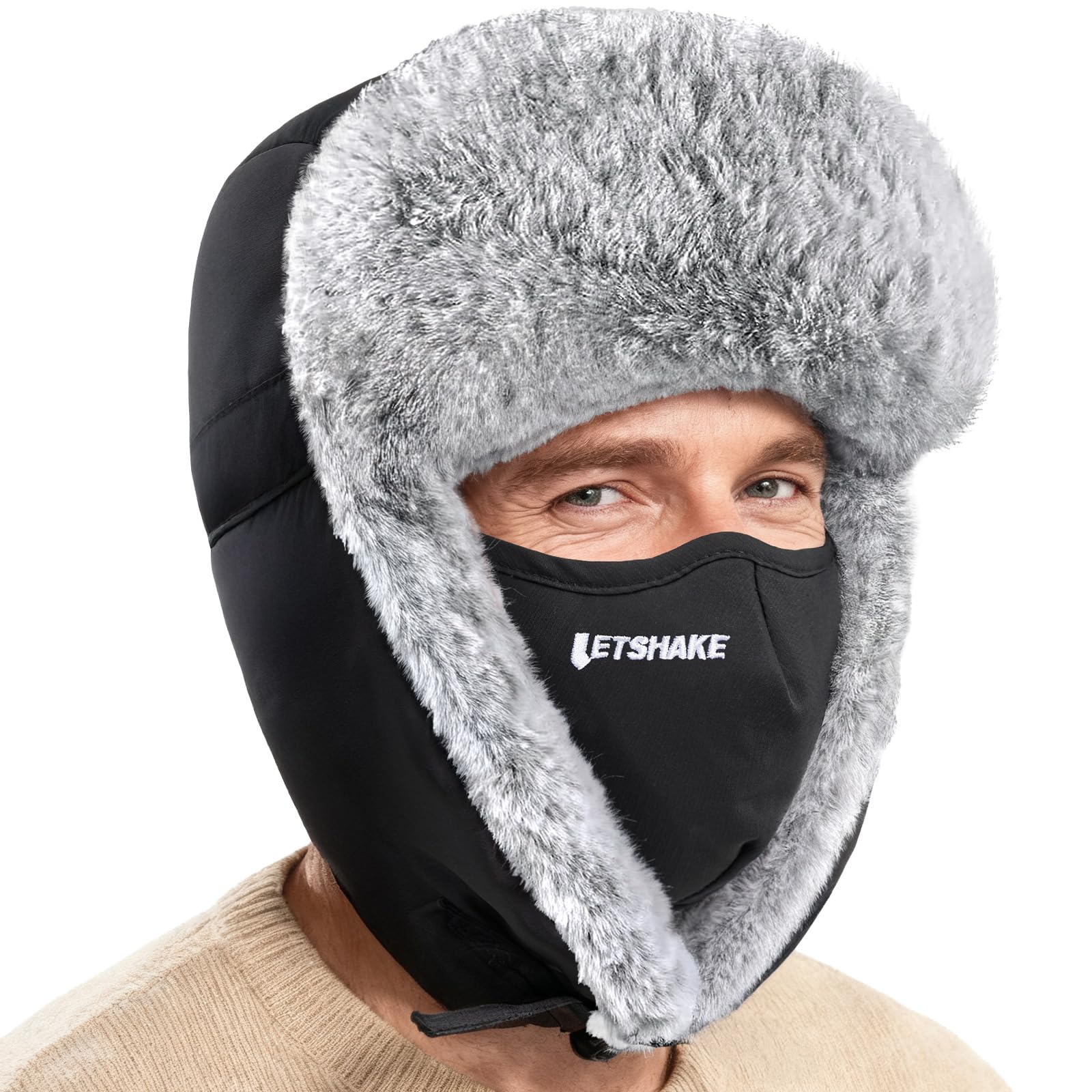 LETSHAKE winter trapper hat front view delivers full-head warmth for extreme cold.