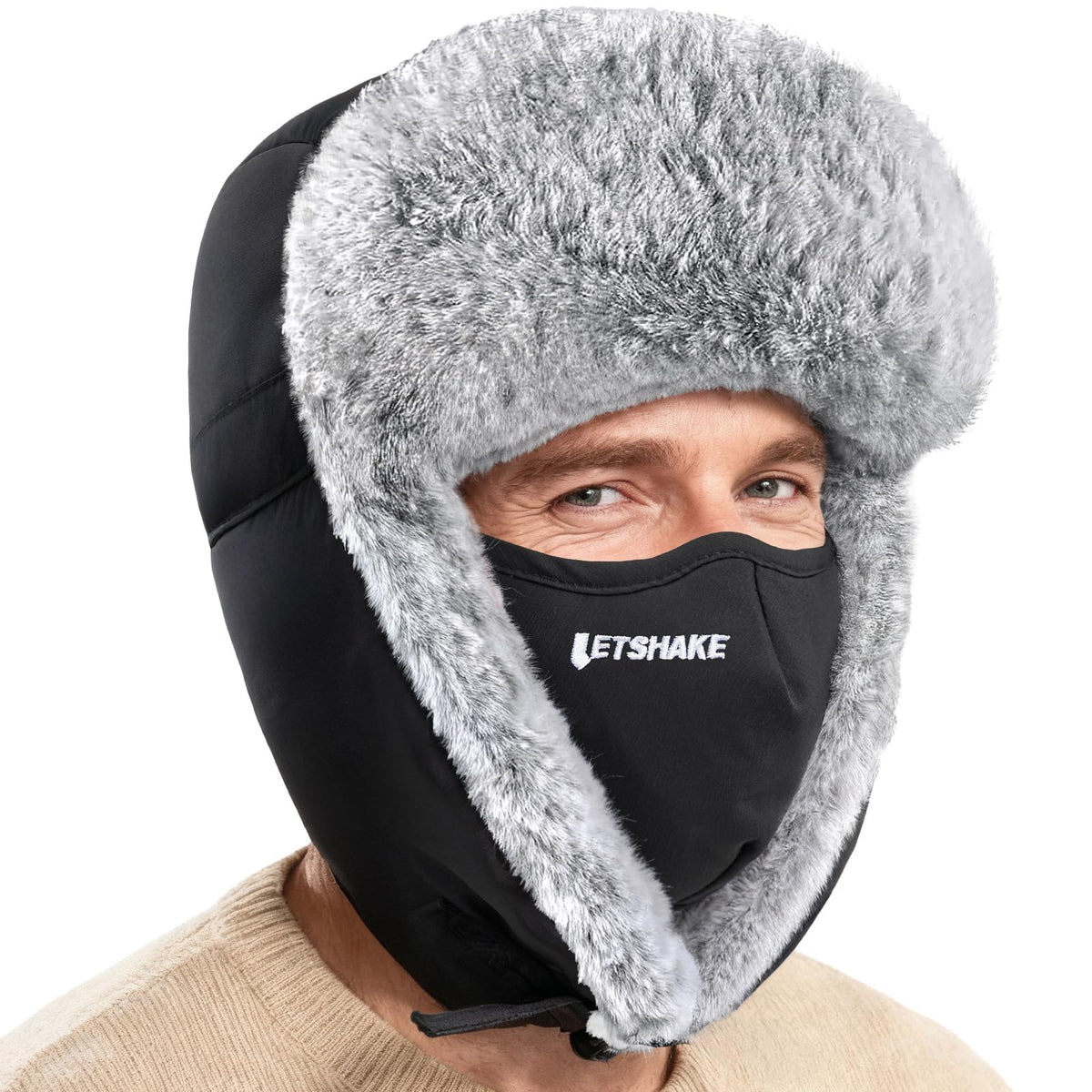 LETSHAKE winter trapper hat front view delivers full-head warmth for extreme cold.