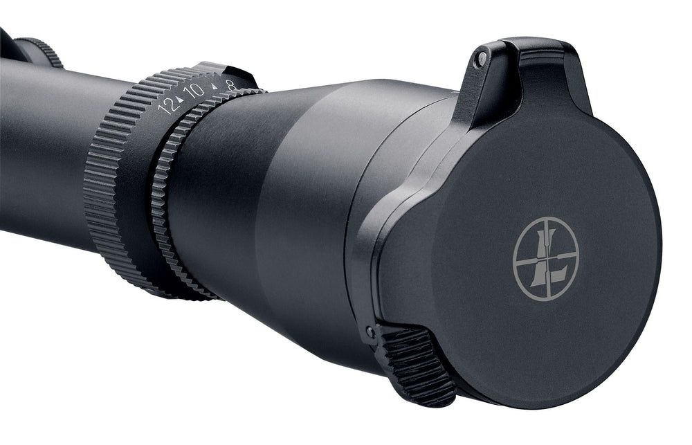 Leupold Alumina flip-back lens cover installed on scope offers quick lens access while protecting glass.