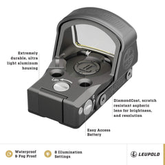 Leupold DeltaPoint Pro illuminated reticle aids fast aiming in low light.