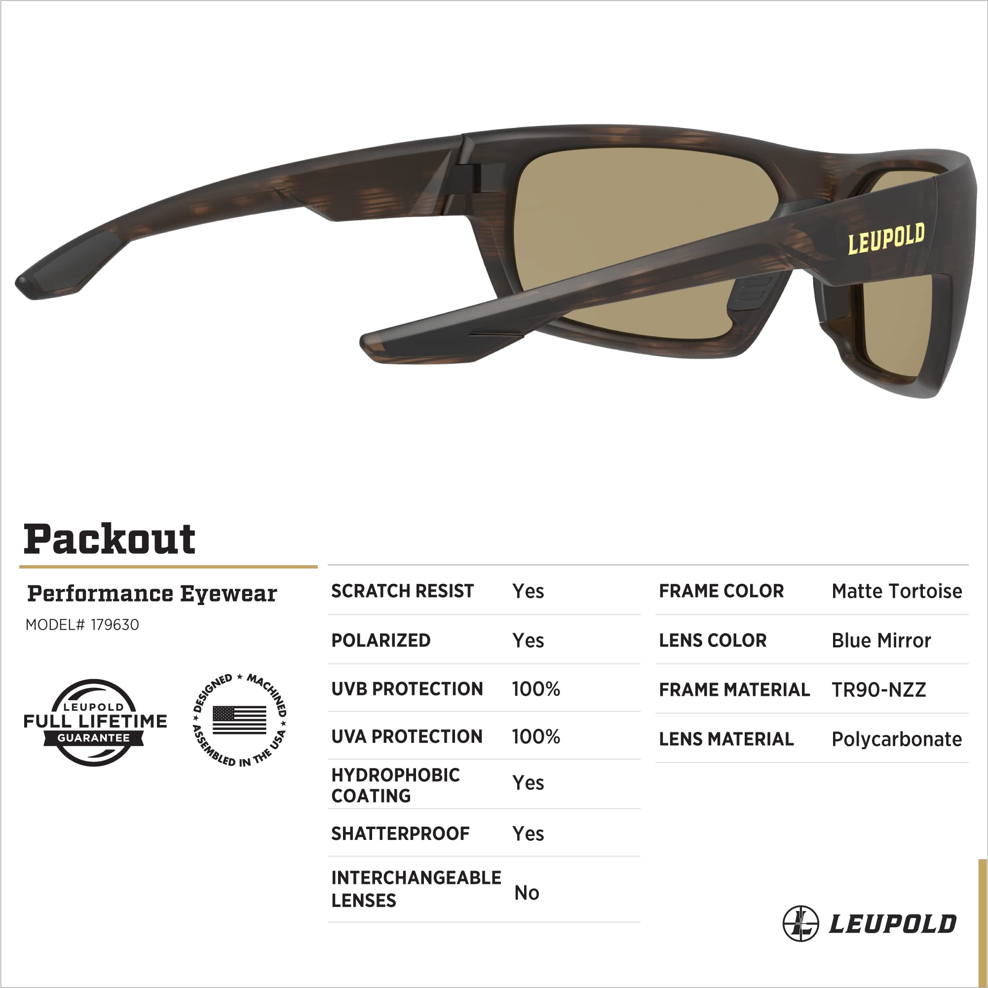 Leupold Packout eyewear diamondcoat scratch resistance protects lenses.