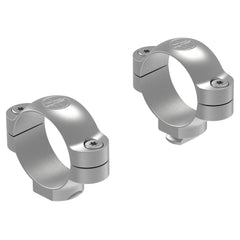 Leupold standard scope rings 30mm medium silver closeup shows durable forged steel for hunting setups.