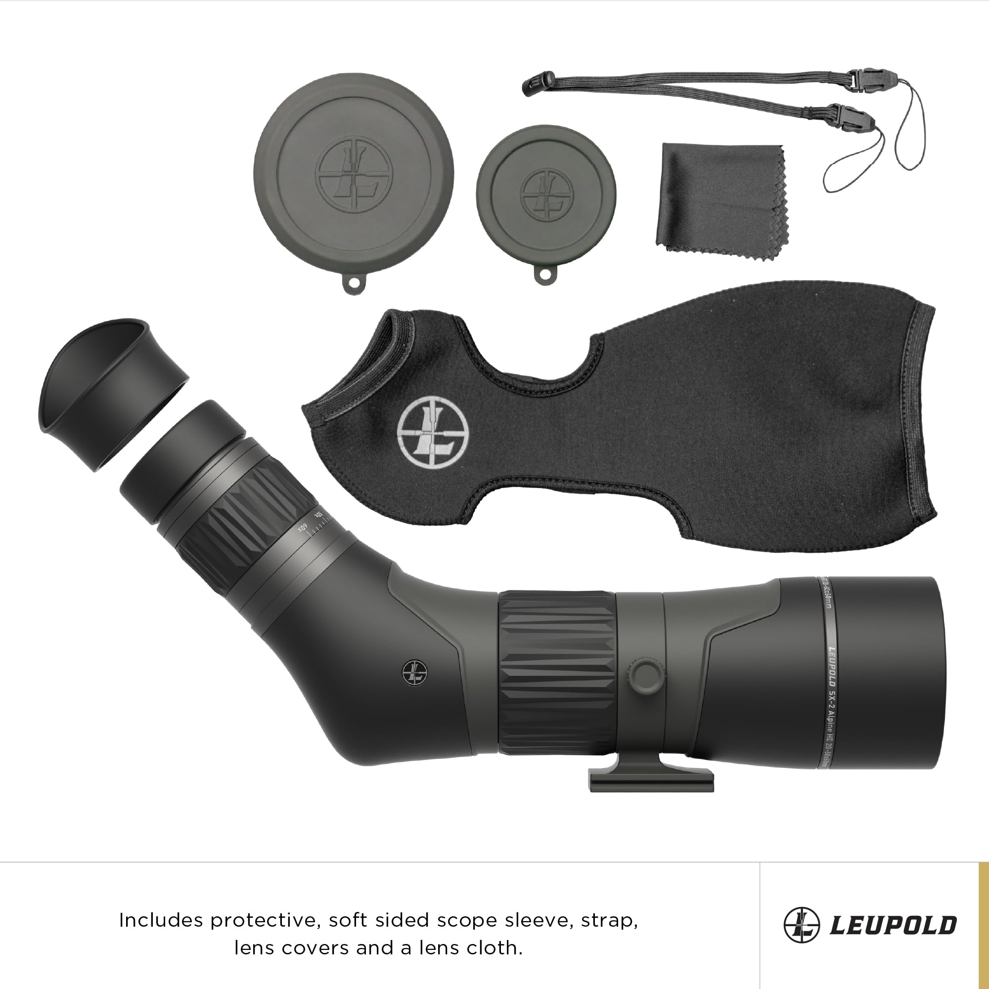 Leupold SX-2 Alpine HD Gen 2 20-60x60mm angled carry strap for easy transport.