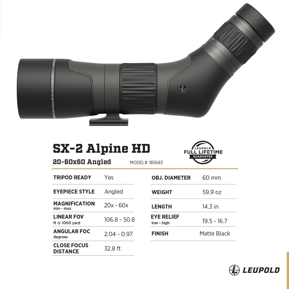 Leupold SX-2 Alpine HD Gen 2 20-60x60mm angled field setup in use.
