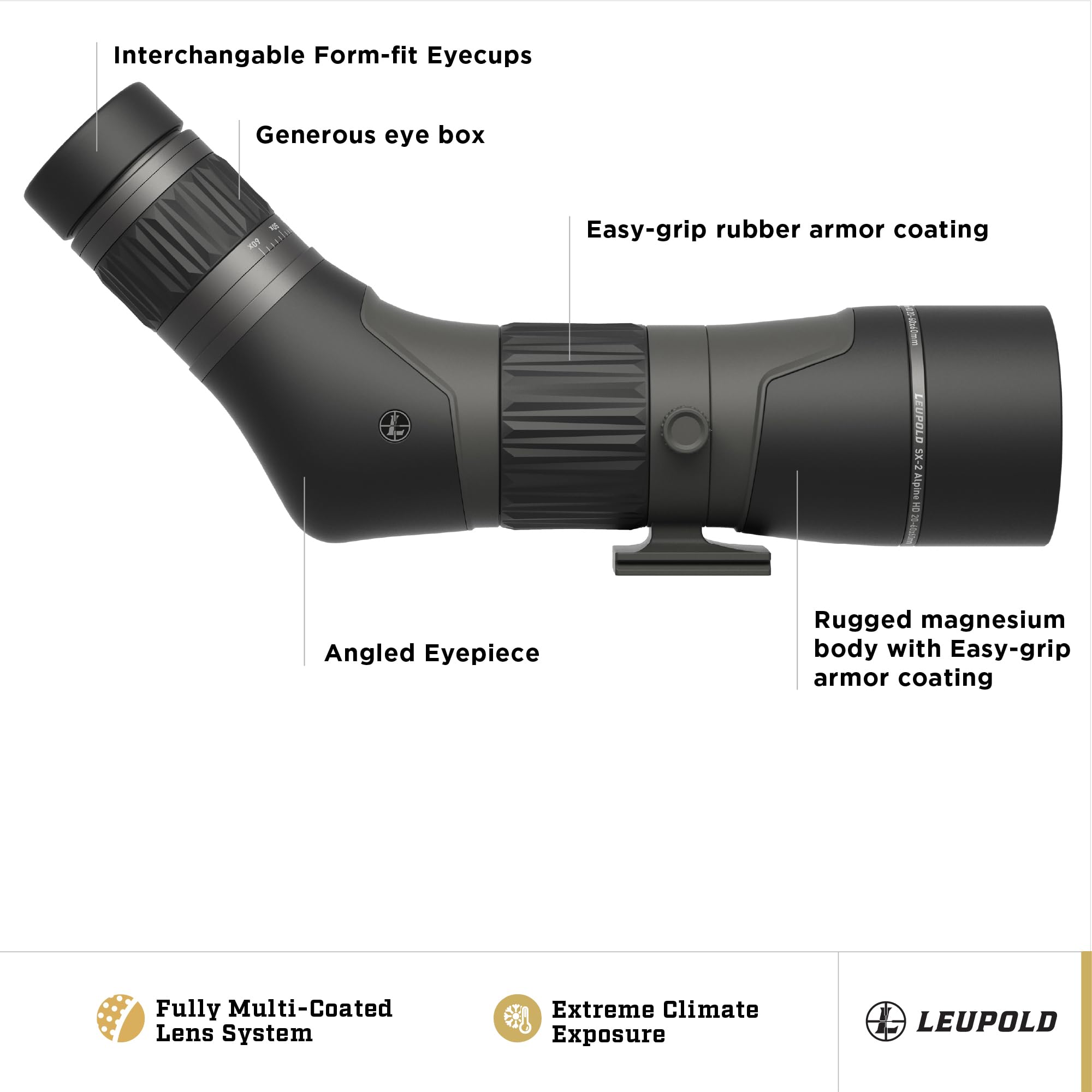 Leupold SX-2 Alpine HD Gen 2 20-60x60mm angled objective lens showing sharp detail.