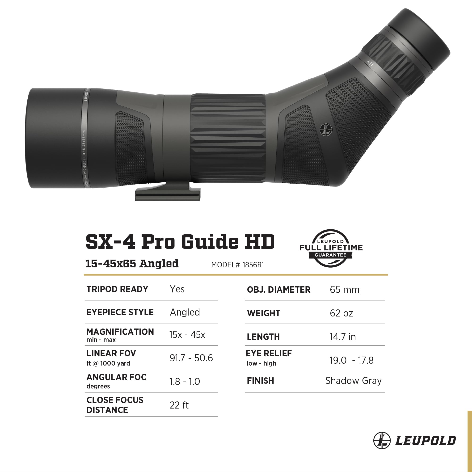 Leupold SX-4 Pro Guide HD Gen2 15-45x65 rugged body design withstands outdoor use