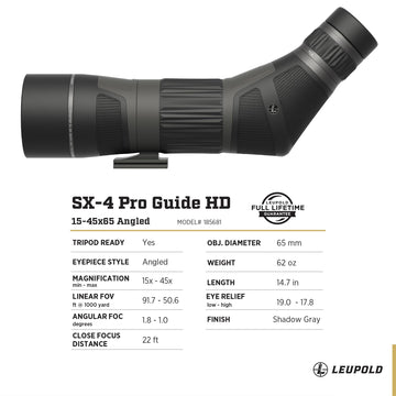 Leupold SX-4 Pro Guide HD Gen2 15-45x65 rugged body design withstands outdoor use