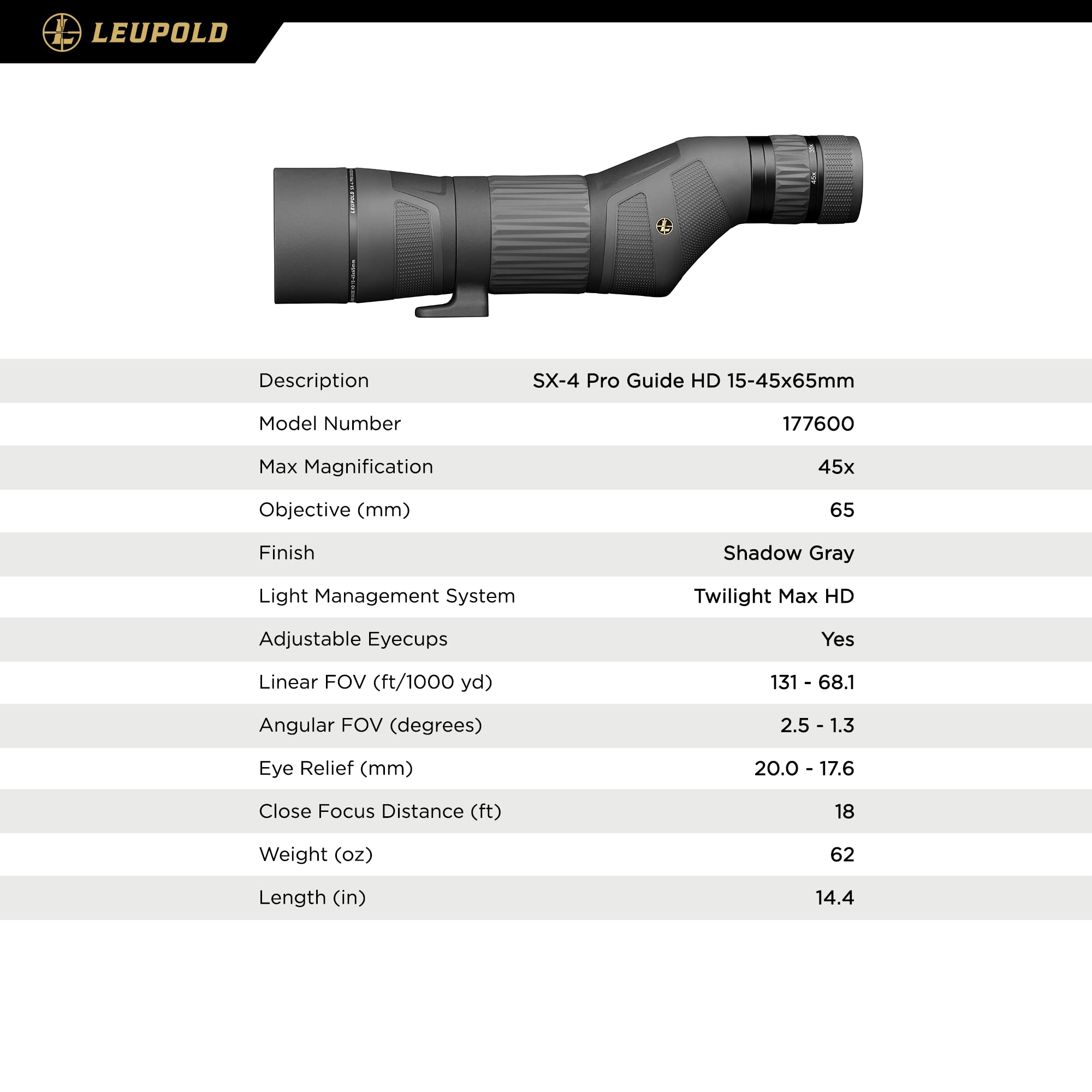 Leupold SX-4 Pro Guide HD DiamondCoat 2 coating boosts light transmission and abrasion resistance