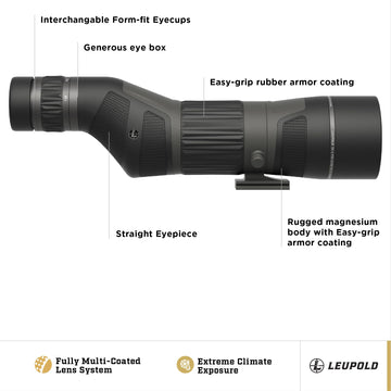 Leupold SX-4 Pro Guide HD Gen 2 15-45x65 zoom ring enables flexible magnification.