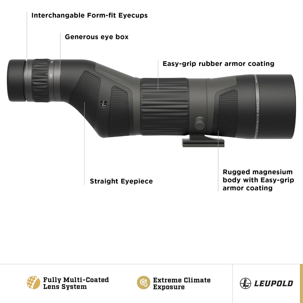 Leupold SX-4 Pro Guide HD Gen 2 15-45x65 zoom ring enables flexible magnification.