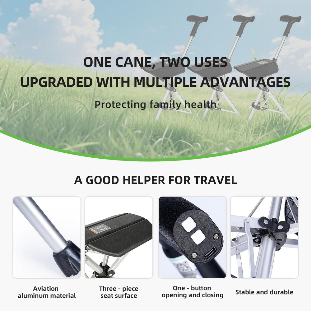 LewiTools electric crutch seat extended for on-demand resting during hikes.
