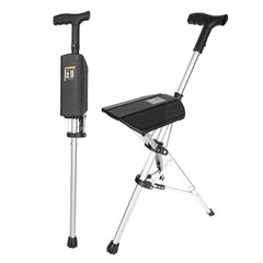 LewiTools electric crutch seat demonstrates one-button switch for quick cane-to-seat transformation.