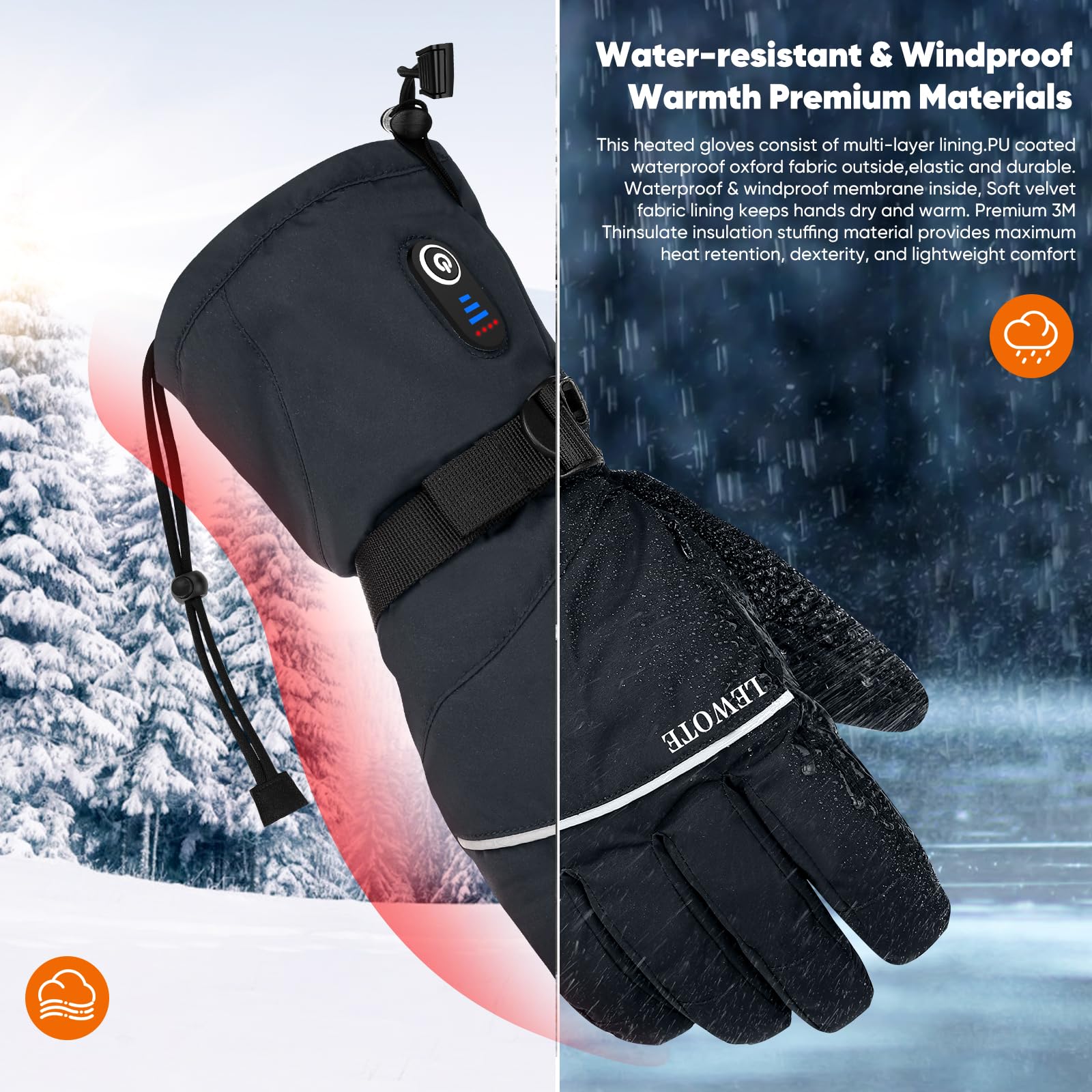 LEWOTE heated gloves cuff tightening rope reduces wind intrusion