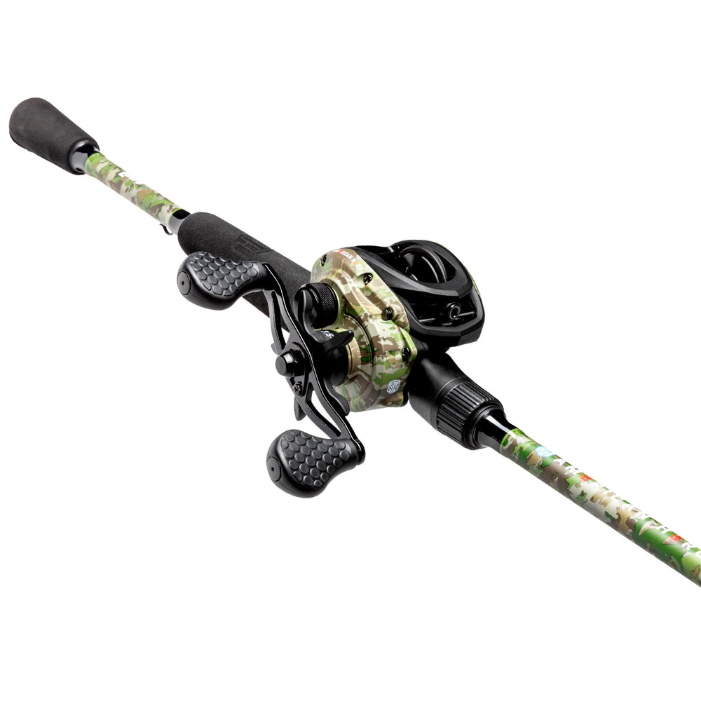 Lew's American Hero Camo rod visual, fast action for versatile bass setups.