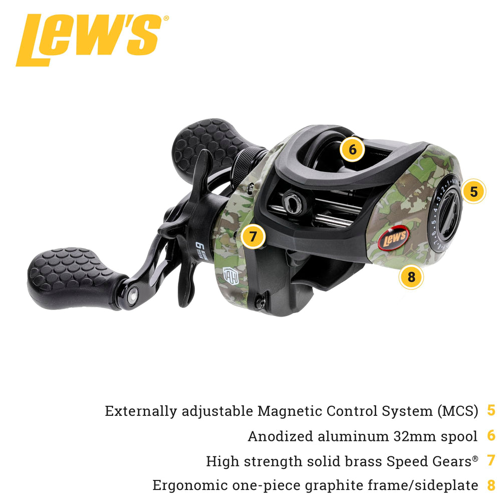 Lew's American Hero camo pattern on rod: distinctive style and high visibility.