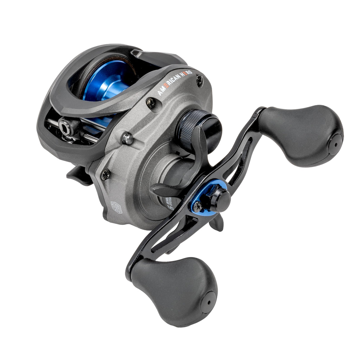 Lew's American Hero reel front view highlights durable graphite frame for reliable casting.