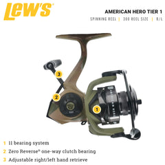 Lew's American Hero Tier 1 reel handle close-up shows durable aluminum grip for steady casts