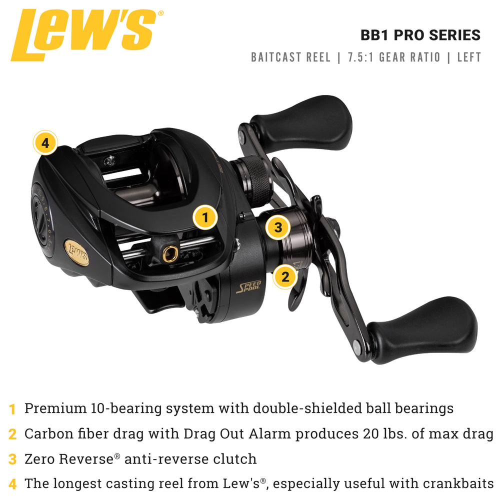 Lew's BB1 Pro 10-bearing system provides smooth retrieves with low friction.