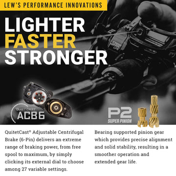 Lew's BB1 Pro graphite sideplates with aluminum frame offer strength and reduced weight.