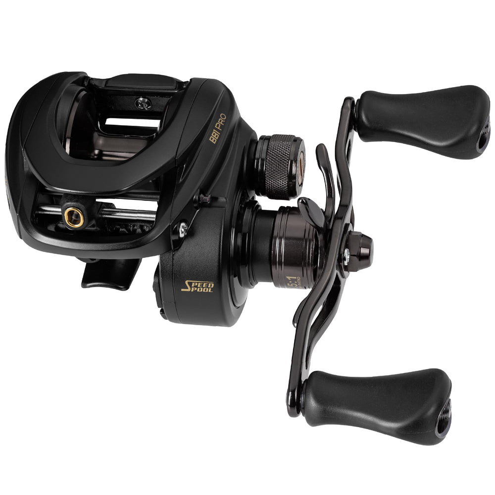 Lew's BB1 Pro left-hand baitcast reel front view highlights sturdy one-piece aluminum frame.
