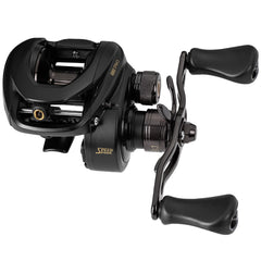 Lew's BB1 Pro left-hand baitcast reel front view highlights sturdy one-piece aluminum frame.