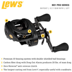 Lew's BB1 Pro left-hand reel side profile shows graphite sideplates for lightweight balance.