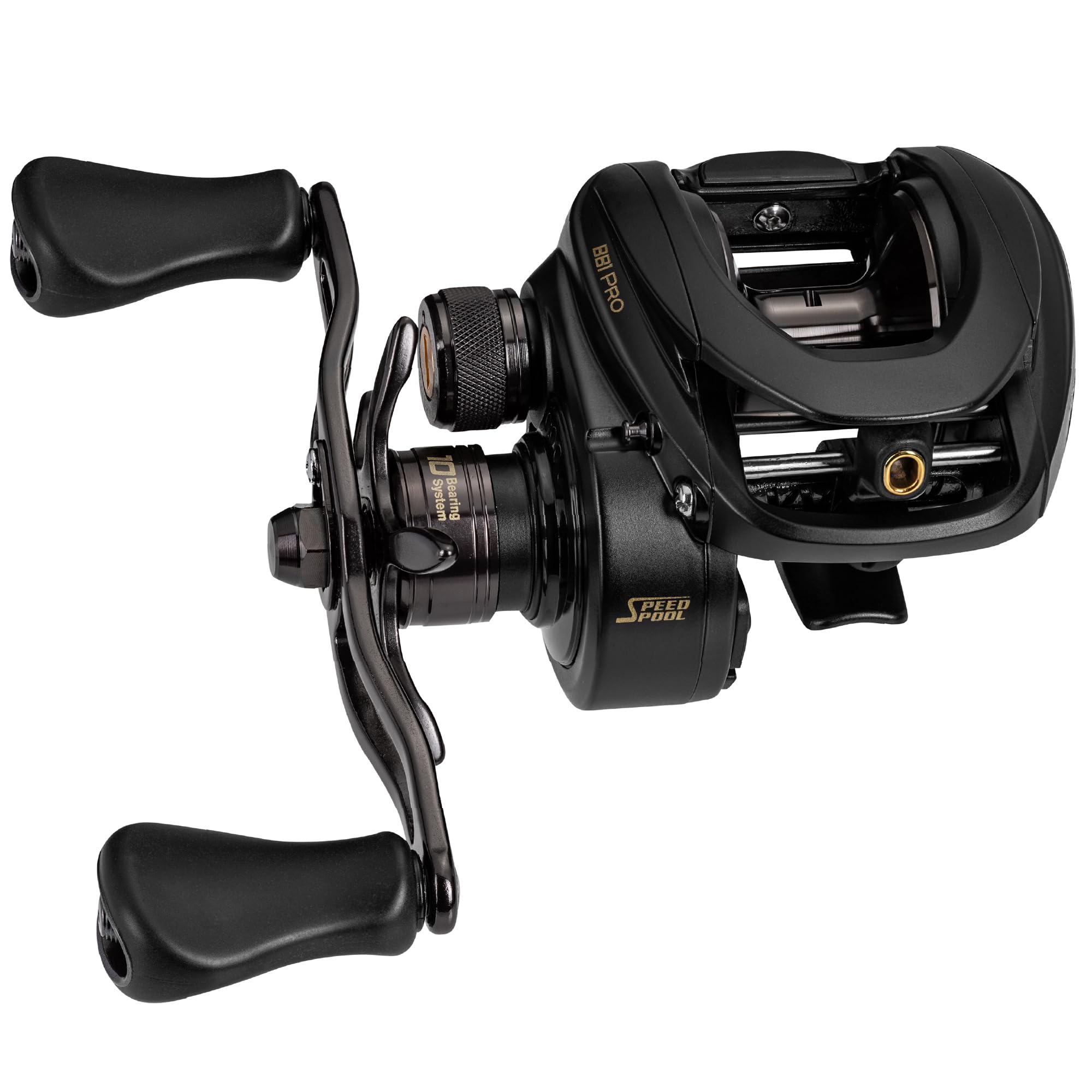 Lew's BB1 Pro side view highlights a one-piece aluminum frame for durability on the water.