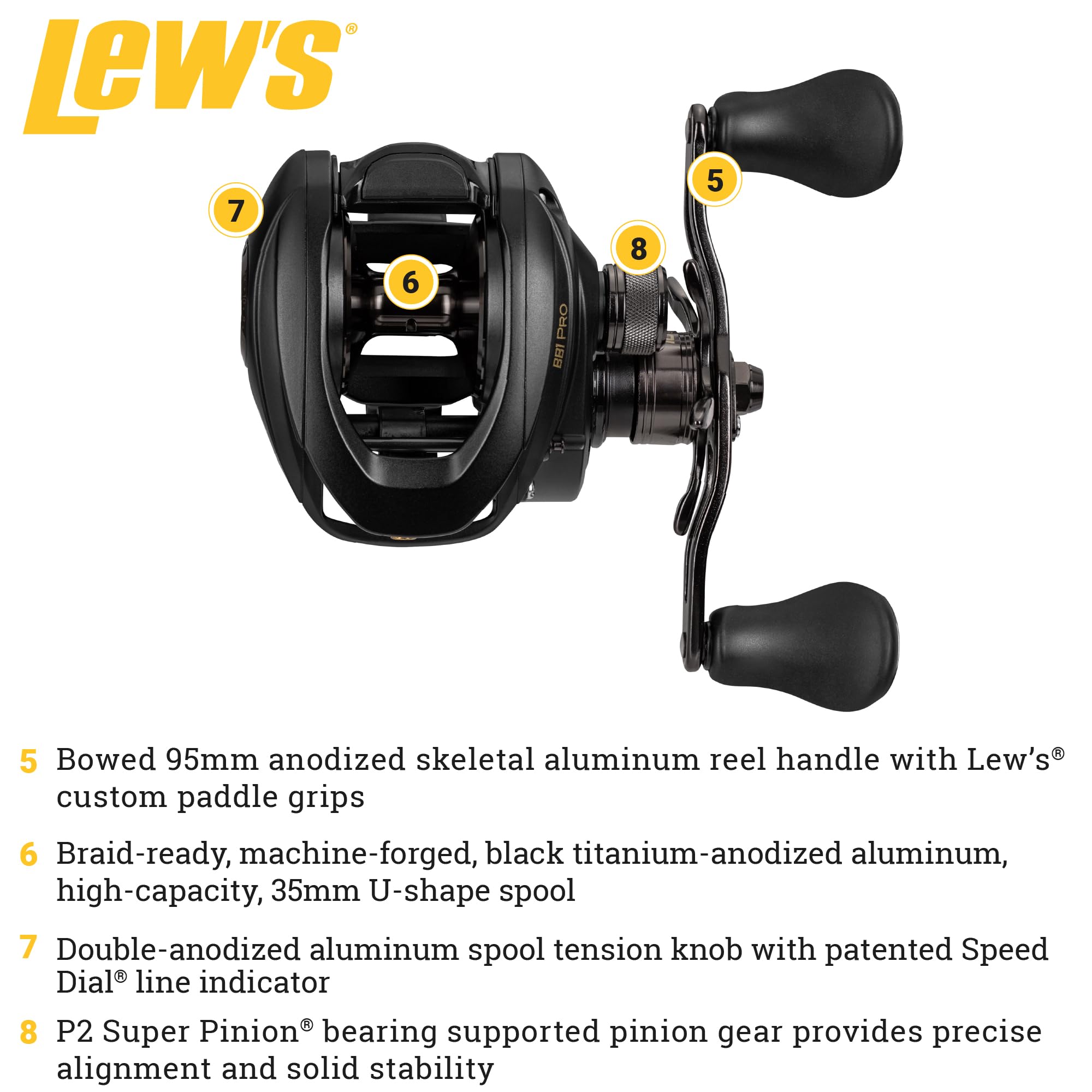 Lew's BB1 Pro spool closeup reveals 35mm large capacity for braided line.