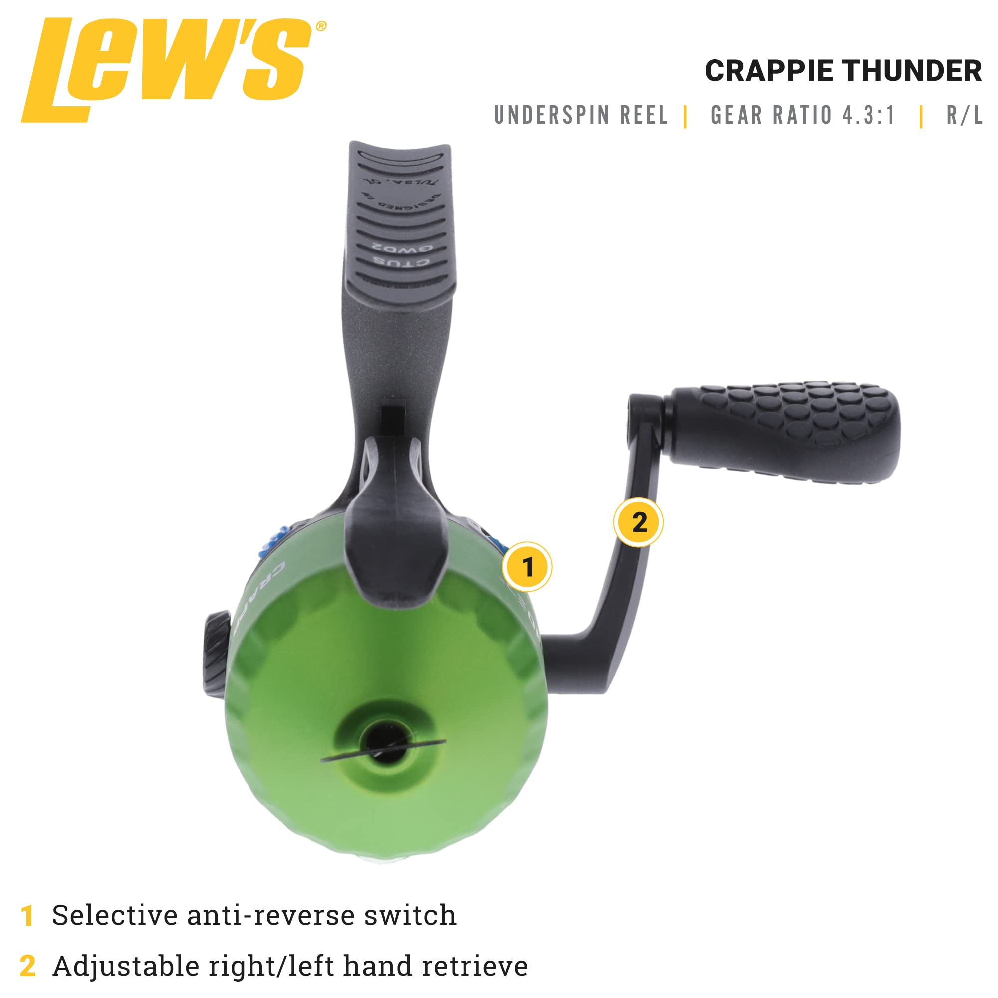 Lew's Crappie Thunder underspin reel back view highlighting metal gears for smooth retrieves