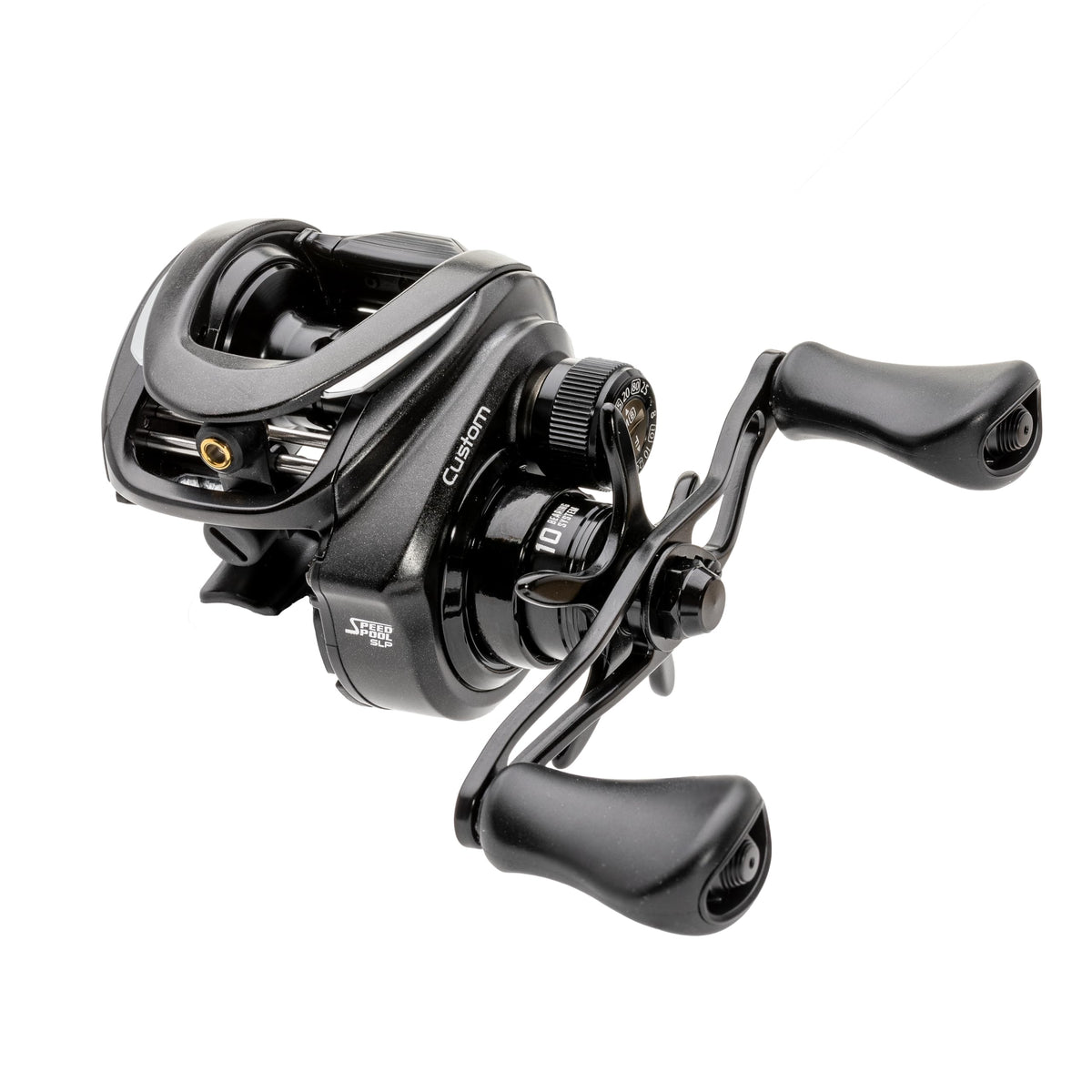 Lew’s Custom left-hand baitcast reel gear closeup highlights precision gear for reliable casts.
